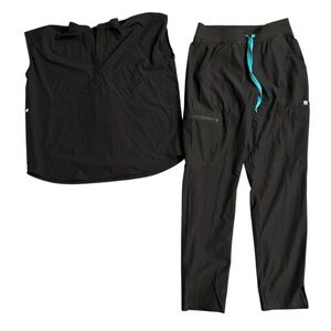 Figs women Black Scrub Set with Teal Drawstring